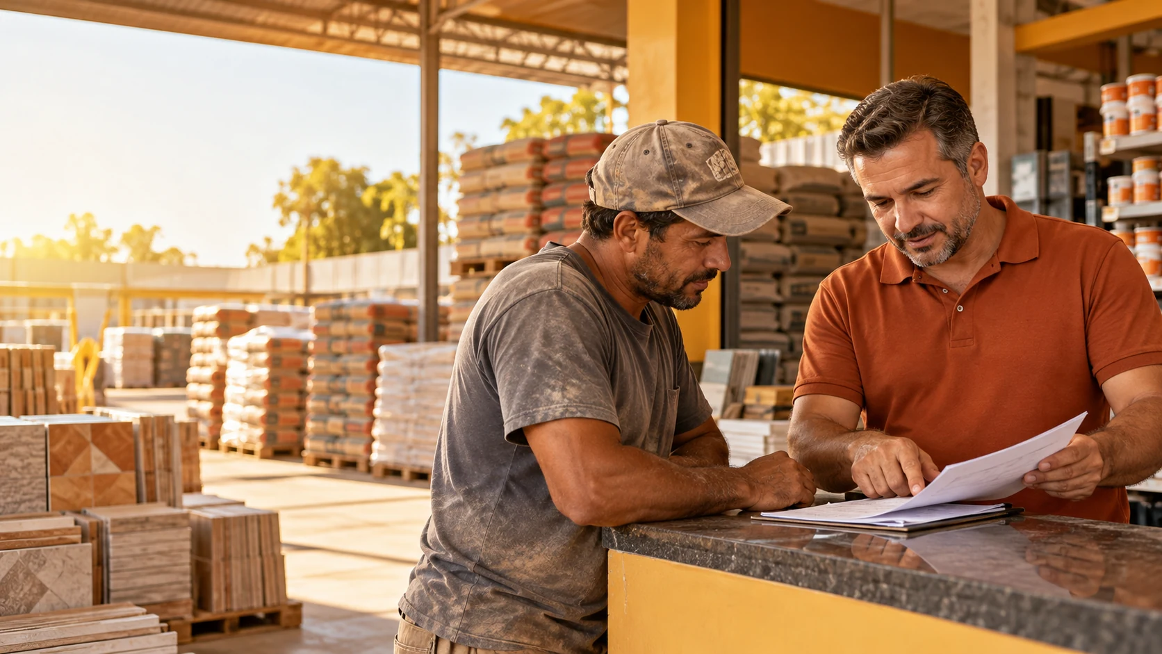 Dono de loja de material de construção conferindo uma lista de obra com um pedreiro no balcão, com sacos de cimento empilhados ao fundo.