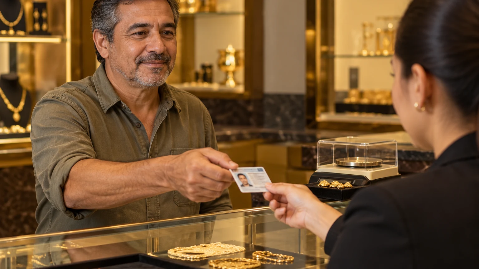 Homem entregando um documento com foto no balcão de uma loja de ouro usado, com a balança de precisão ao fundo.