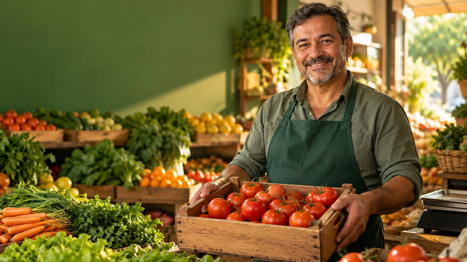 Dono de hortifruti de avental, com uma caixa de tomates maduros nas mãos, na frente da balança do balcão.