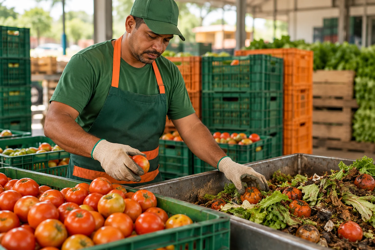 Funcionário de hortifruti separando tomates e folhas estragadas numa bancada de descarte, com caixas plásticas ao lado.