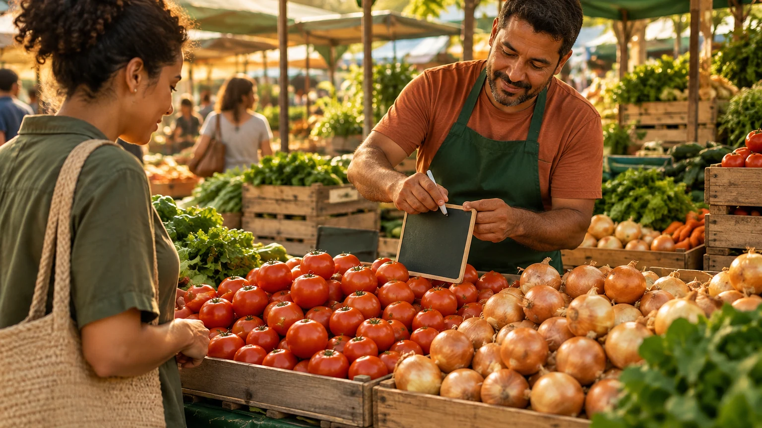 Feirante de hortifruti afixando um preço numa banca de tomates e cebolas, com caixas de madeira ao redor.