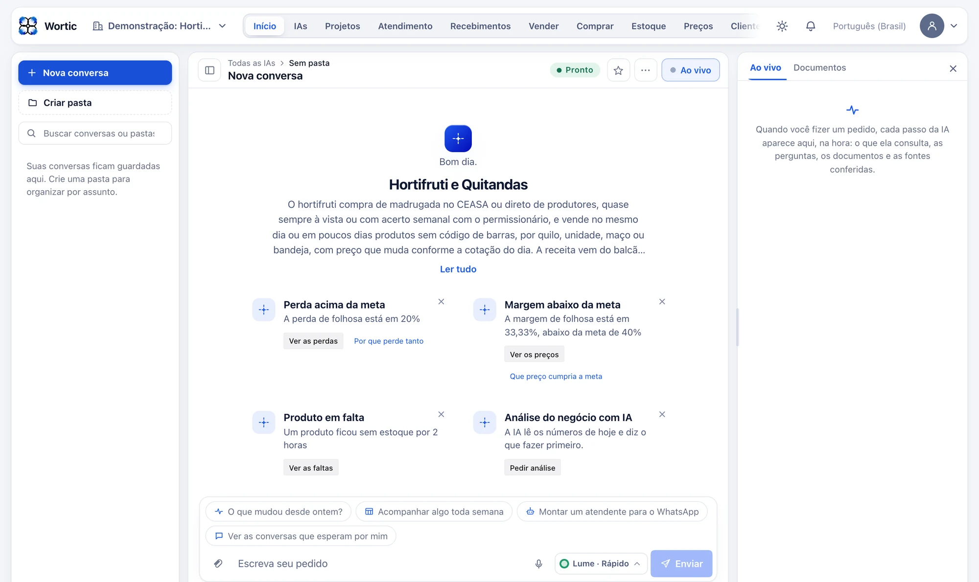 O sistema do hortifruti aberto no computador: perda de folhosa acima da meta, margem de folhosa abaixo da meta e produto que ficou sem estoque.