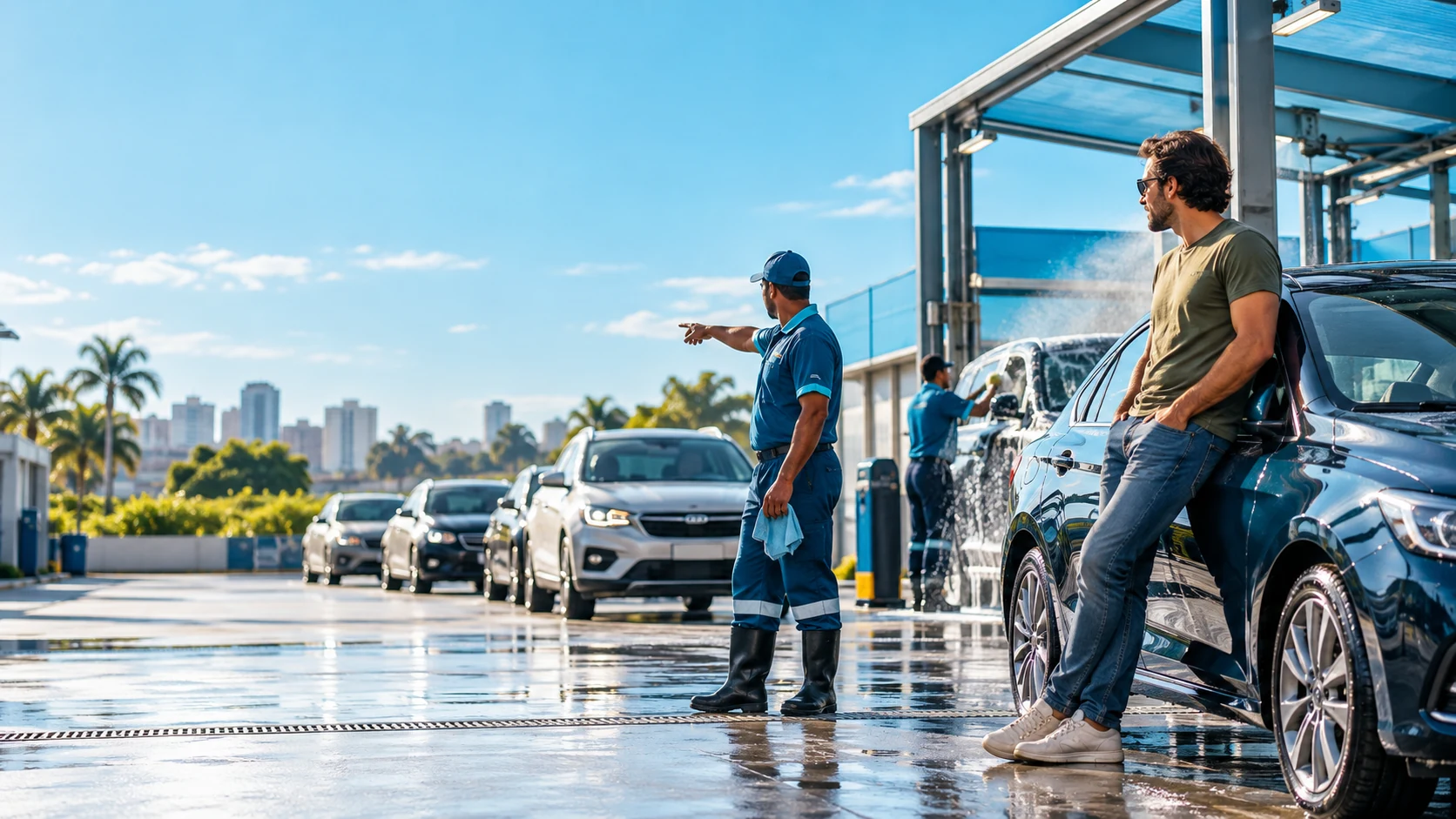 Atendente de lava-rápido orientando a fila de carros na entrada do box numa manhã de sol, com o motorista encostado no carro.