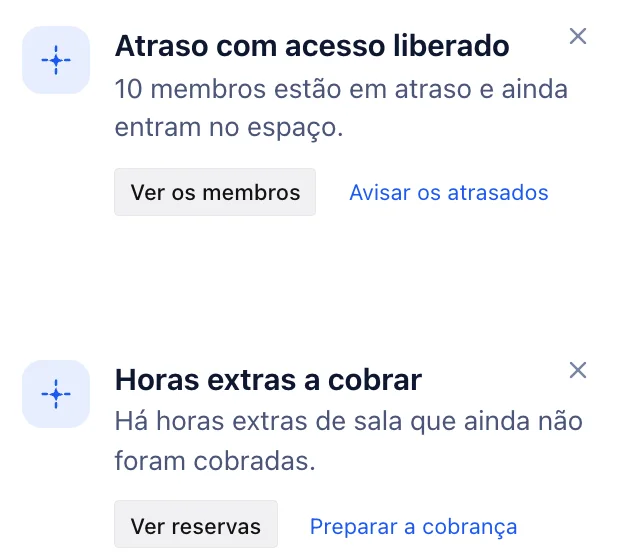 Avisos de membros em atraso que ainda entram no espaço e de horas extras de sala que ainda não foram cobradas, no sistema do coworking.