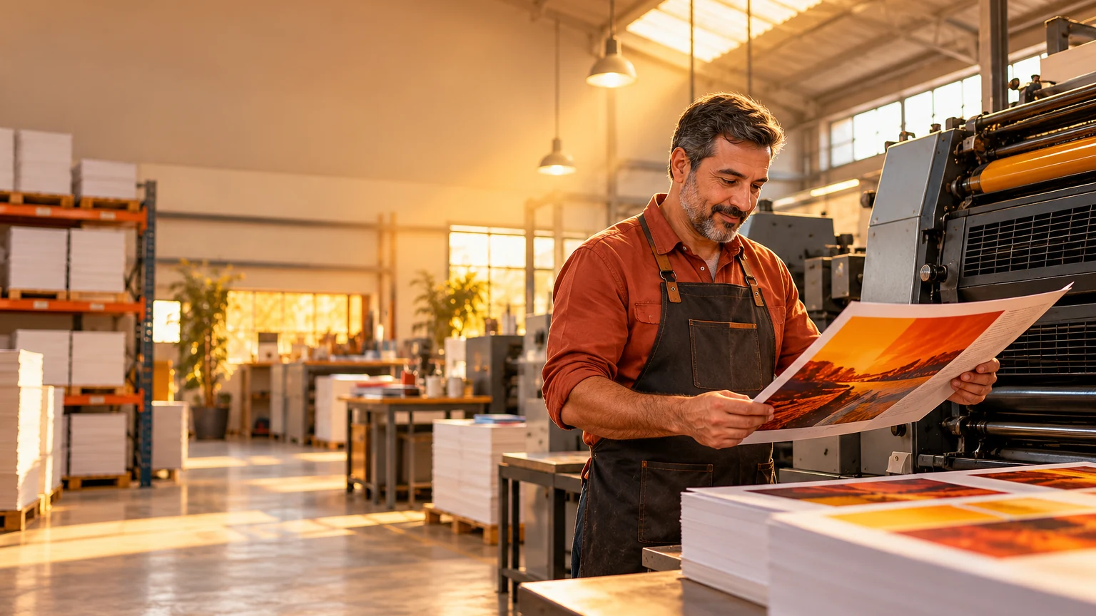 Dono de gráfica de avental conferindo folhas recém-impressas ao lado da máquina offset, com pilhas de papel couché na prateleira.
