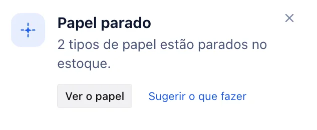 Avisos de tipos de papel parados no estoque e de trabalhos enviados a terceiros atrasados, no sistema da gráfica.