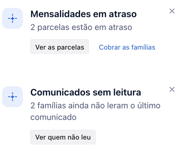 Avisos de parcelas em atraso e de famílias que ainda não leram o último comunicado, no sistema da escola.