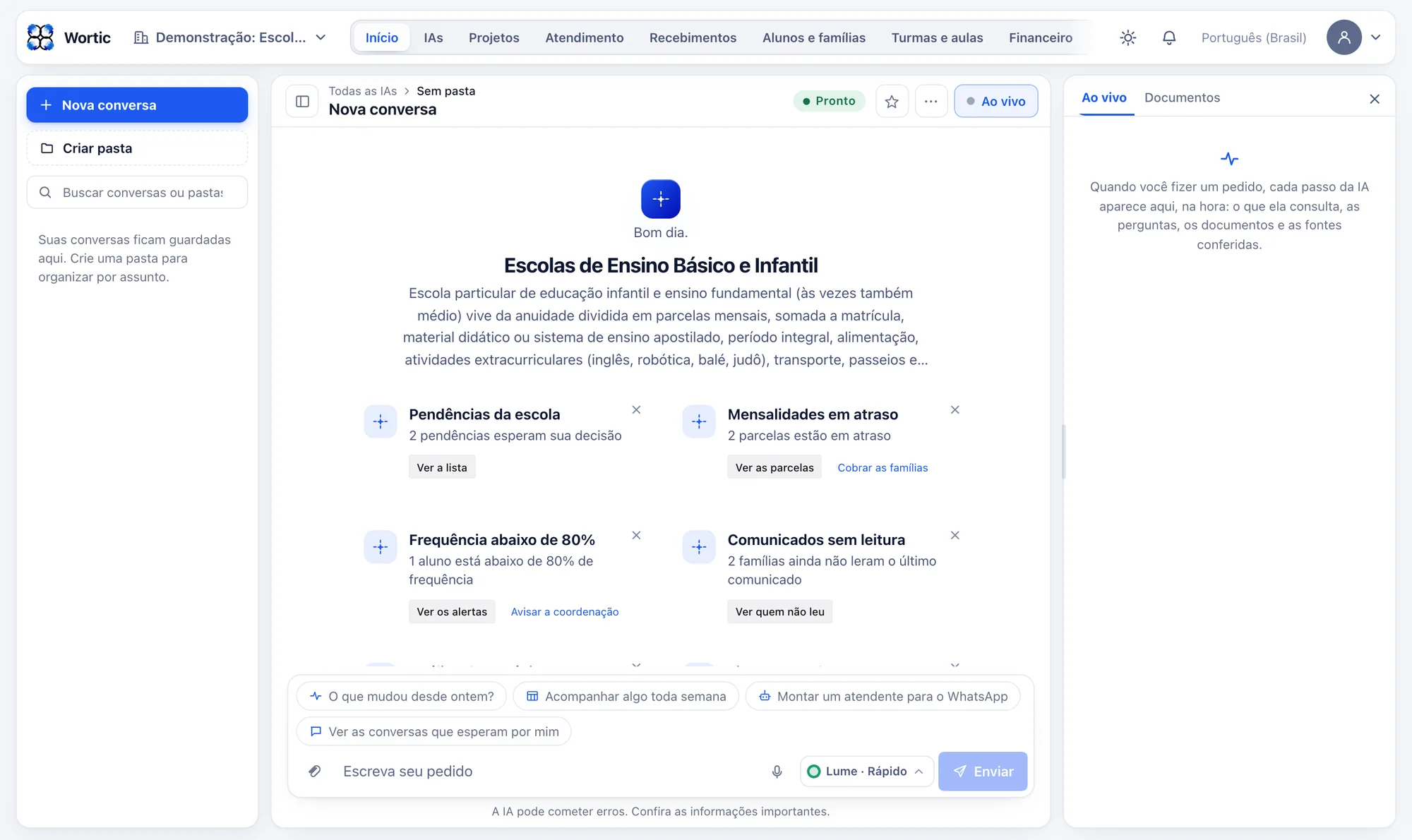 O sistema da escola aberto no computador: avisos de pendências da escola, mensalidades em atraso, frequência abaixo de 80% e comunicados sem leitura, cada um com o botão para resolver.