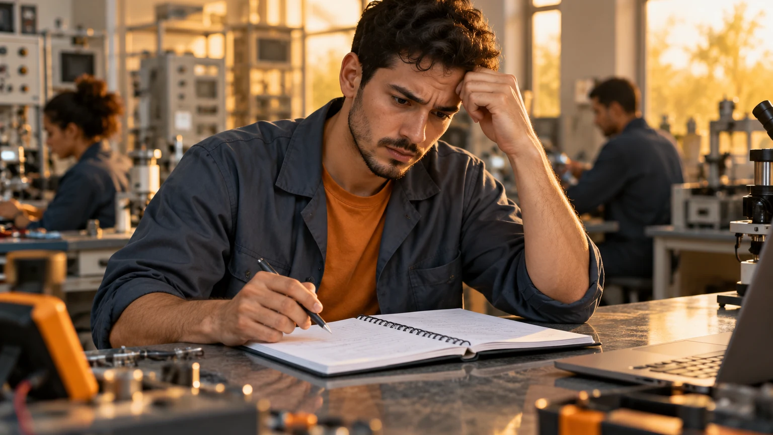 Estudante adulto conferindo a lista de presença de um curso técnico, sentado numa bancada de laboratório.