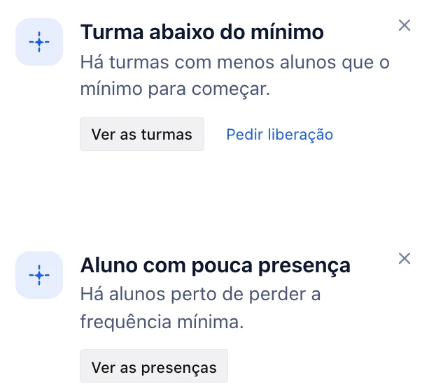 Os avisos de turma abaixo do mínimo e de aluno com pouca presença, no celular.
