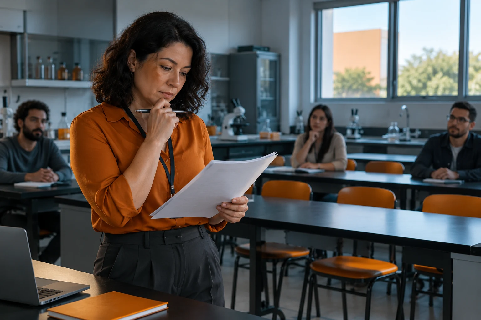 Coordenadora de curso conferindo uma lista de inscritos numa sala de laboratório com poucas cadeiras ocupadas.