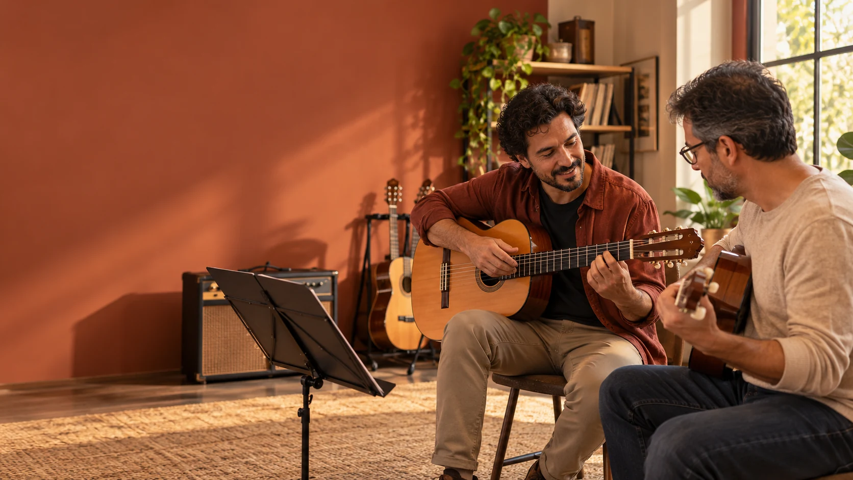 Professor de violão ensinando um aluno adulto numa sala de música, com amplificador e estante de partituras ao fundo.