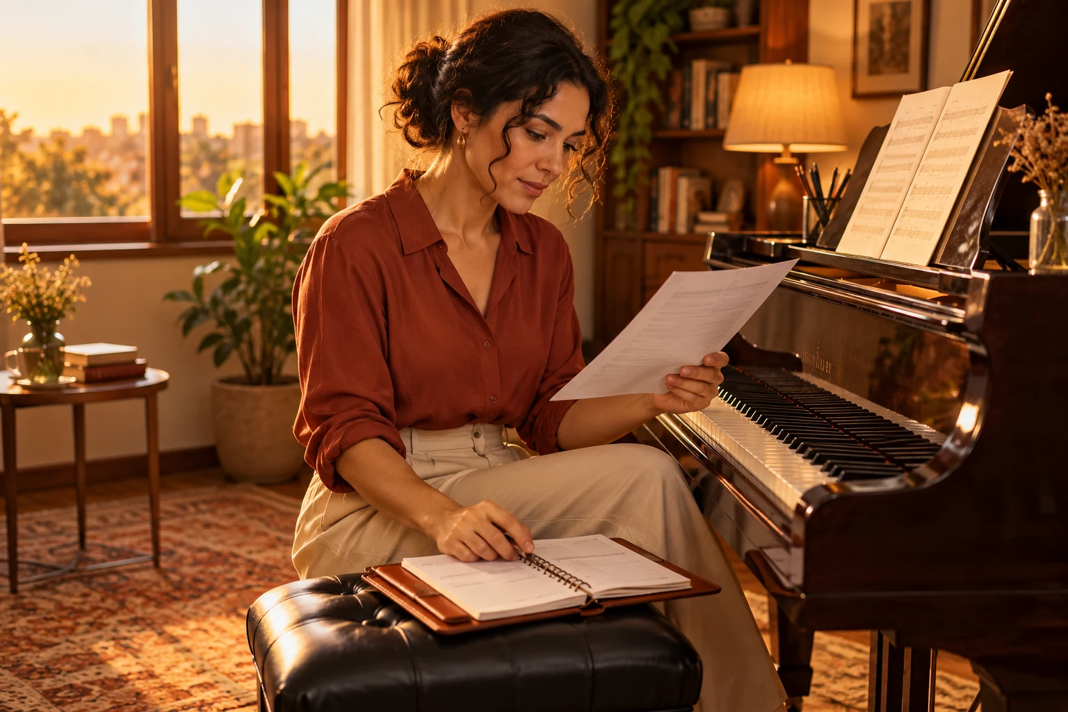 Professora de piano conferindo um extrato impresso ao lado do teclado, com um caderno de contas aberto e luz de fim de tarde.