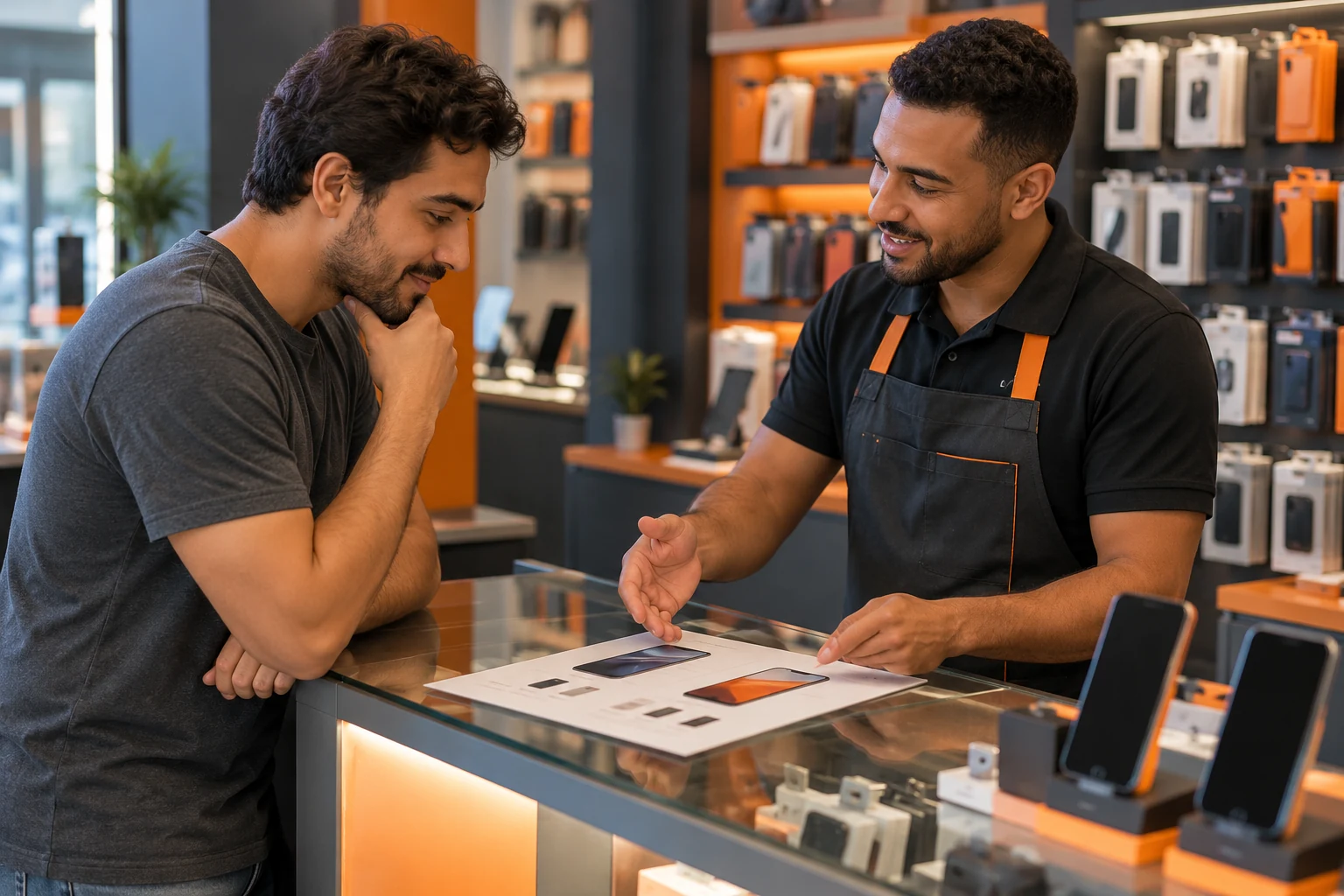 Cliente no balcão de uma loja de celulares conversando com o atendente, com um orçamento impresso de duas opções sobre o balcão.