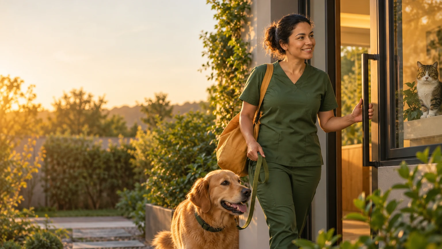 Cuidadora chegando à casa de um cliente com a guia de um cão na mão, com a luz do fim da tarde na porta de vidro.