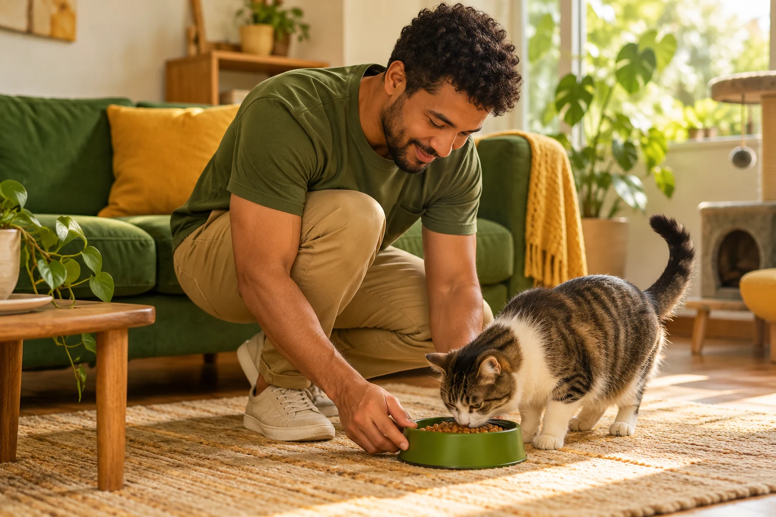 Cuidador agachado no tapete da sala de uma casa, dando comida a um gato enquanto confere a tigela, com a luz da janela ao lado.