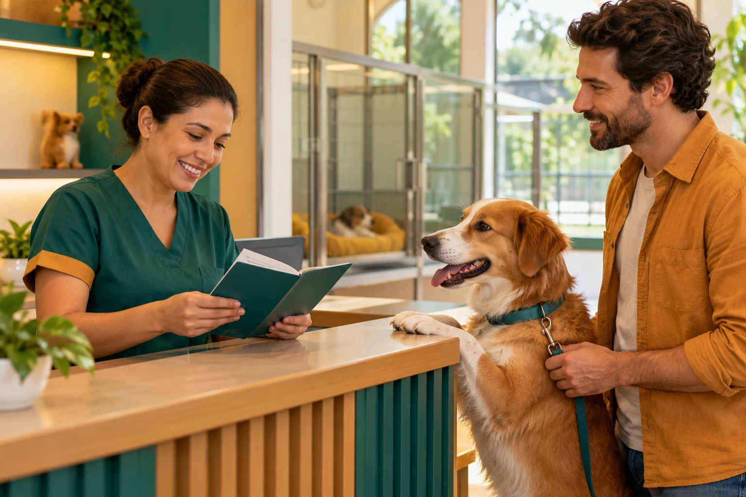 Recepcionista de hotel para pets conferindo a carteira de vacinação de um cão de porte médio no balcão, com o tutor ao lado.