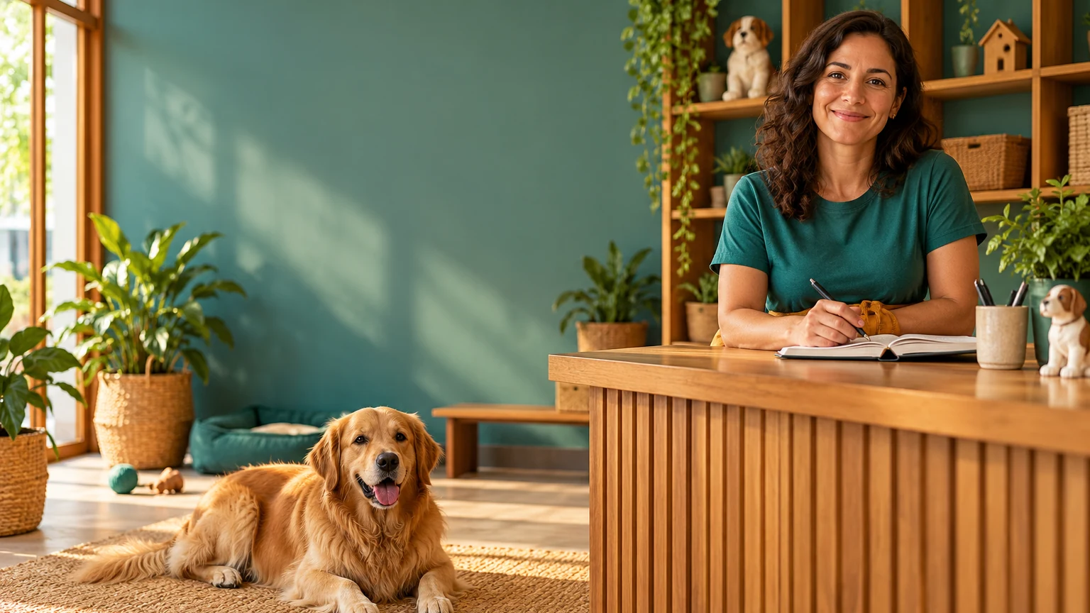 Dona de um hotel para pets conferindo a agenda de hóspedes na recepção, com um cão deitado num tapete ao fundo.