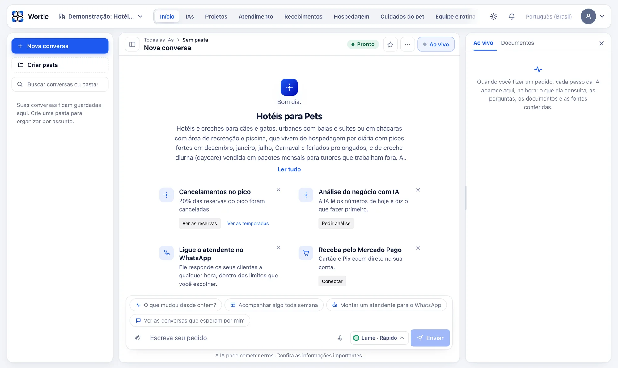 O sistema do hotel para pets aberto no computador: aviso de cancelamentos no pico e os atalhos de atendimento e recebimento.