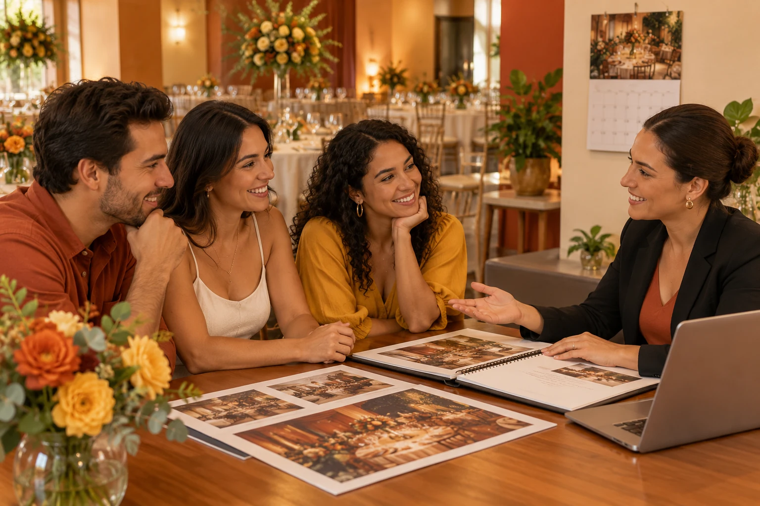 Três pessoas conversando com a atendente ao redor de uma mesa de salão, com o calendário de datas aberto ao fundo.