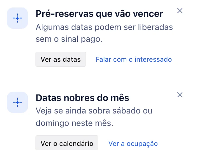 Os avisos de pré-reservas que vão vencer e das datas nobres do mês, no celular.