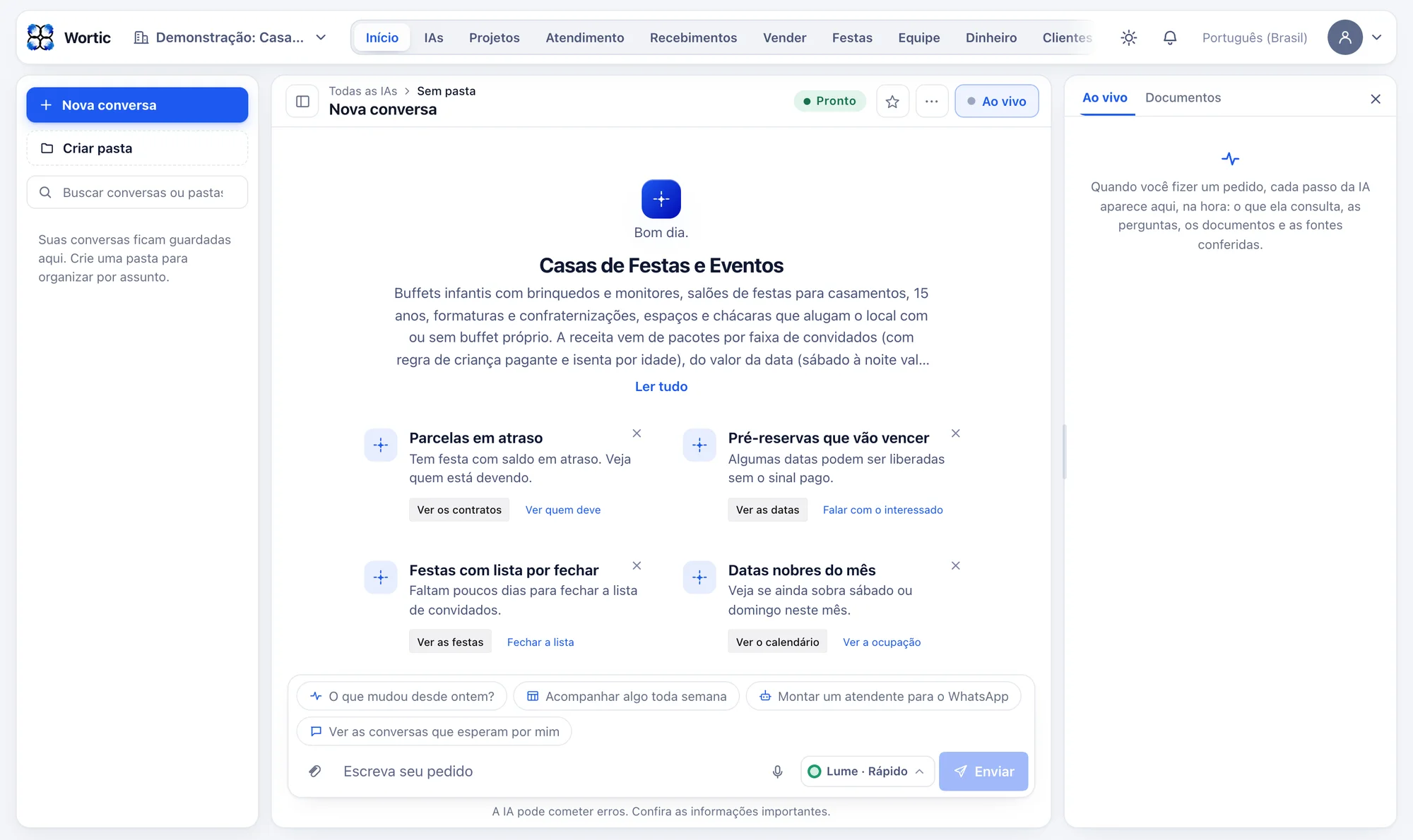 O sistema da casa de festas aberto no computador: avisos de parcelas em atraso, pré-reservas que vão vencer, festas com lista por fechar e datas nobres do mês.