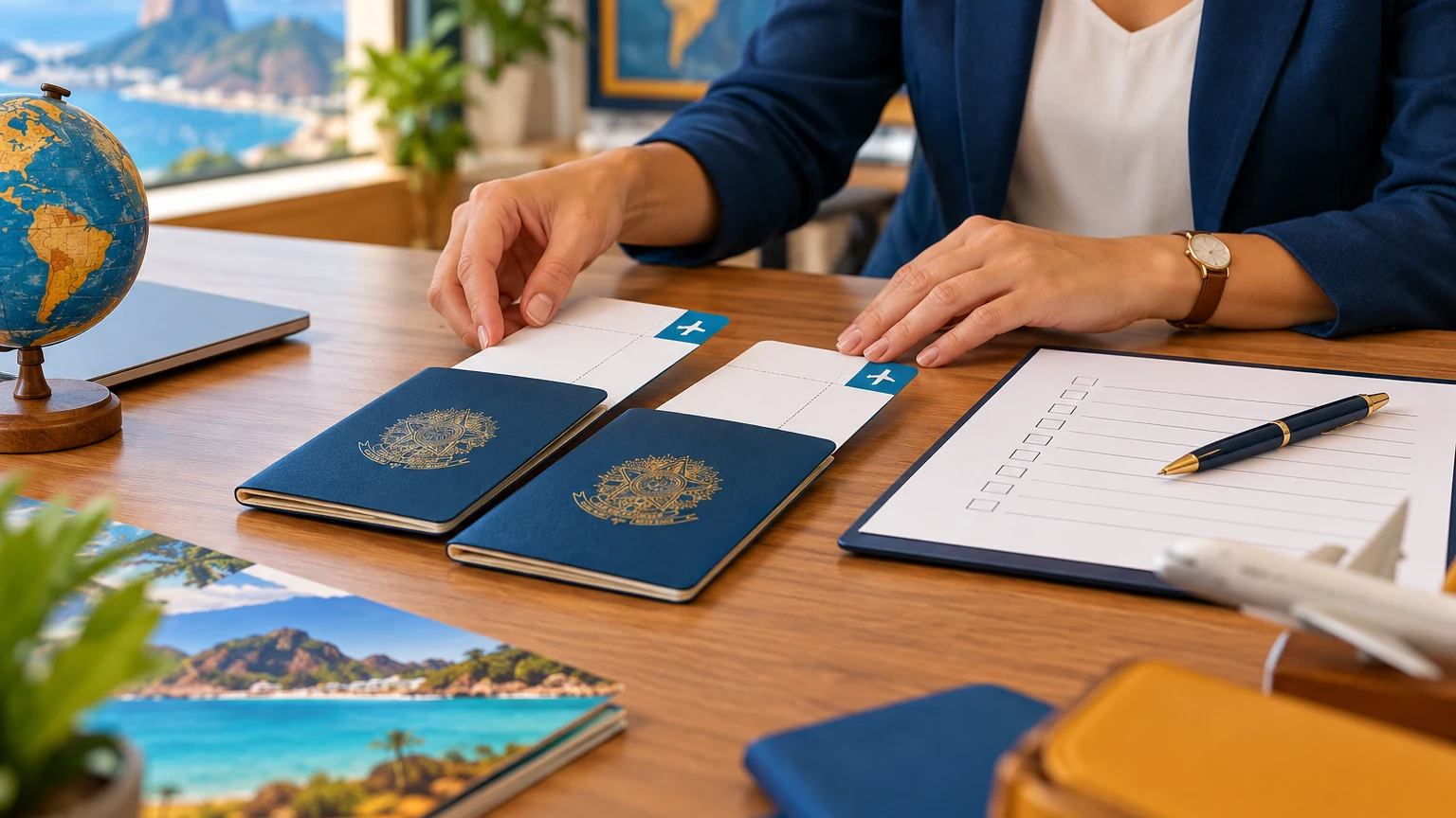 Mesa de agência de viagens com passaportes, cartões de embarque em branco e uma caneta sobre um checklist impresso.