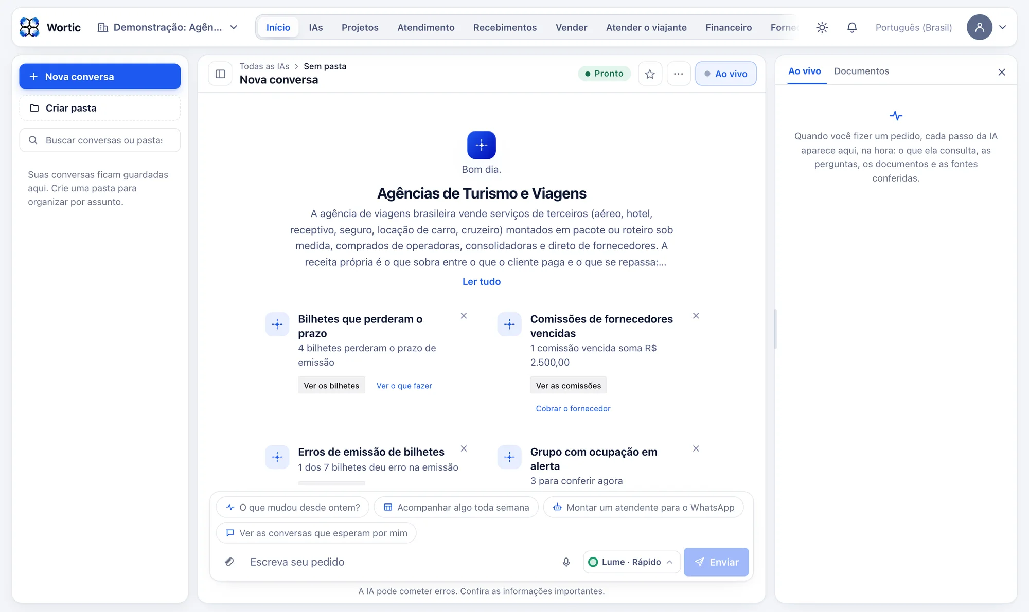 O sistema da agência de viagens aberto no computador: avisos de bilhetes que perderam o prazo, comissões vencidas, erros de emissão e grupo com ocupação em alerta.