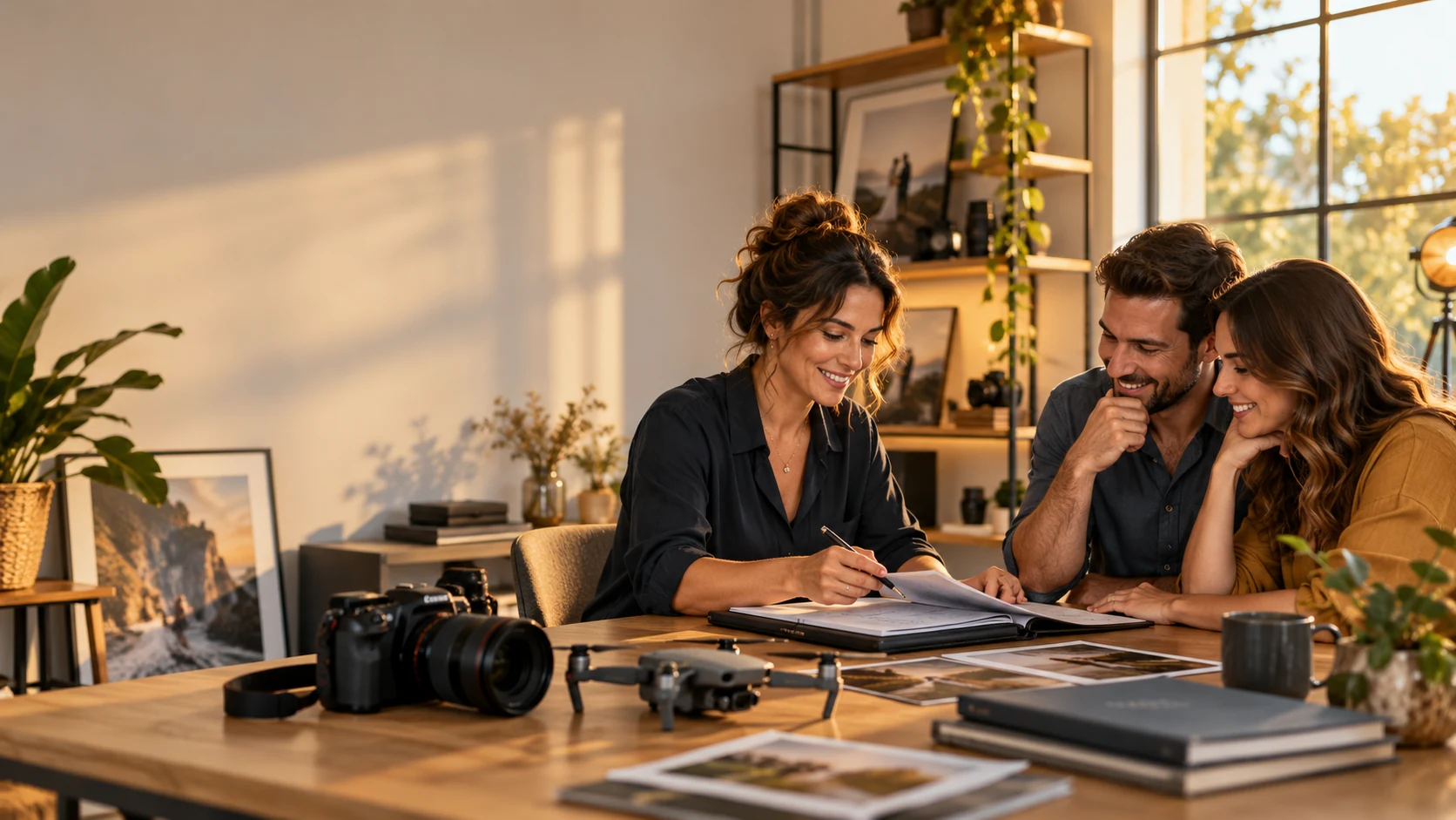 Fotógrafa revisando a agenda e o contrato de um casamento com o casal, em mesa de estúdio com luz da janela.
