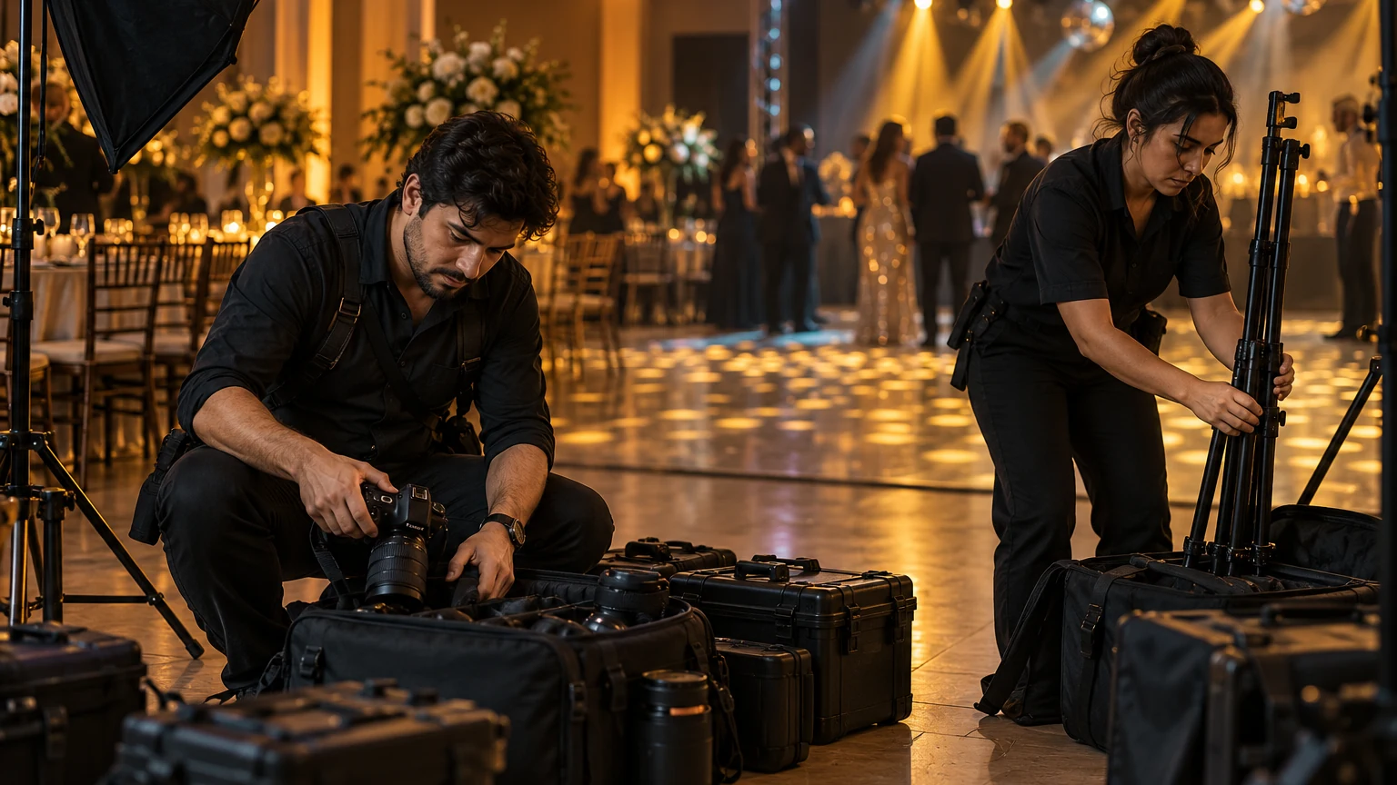 Fotógrafo guardando as câmeras no fim da festa, com a pista de dança ainda iluminada ao fundo.