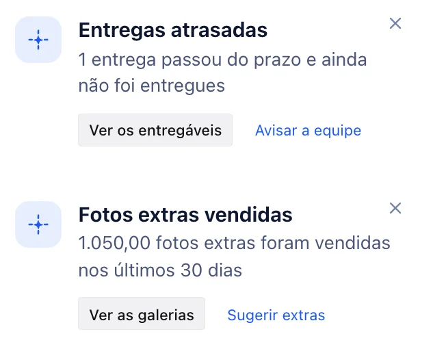 Os avisos de entregas atrasadas e de fotos extras vendidas, no celular.