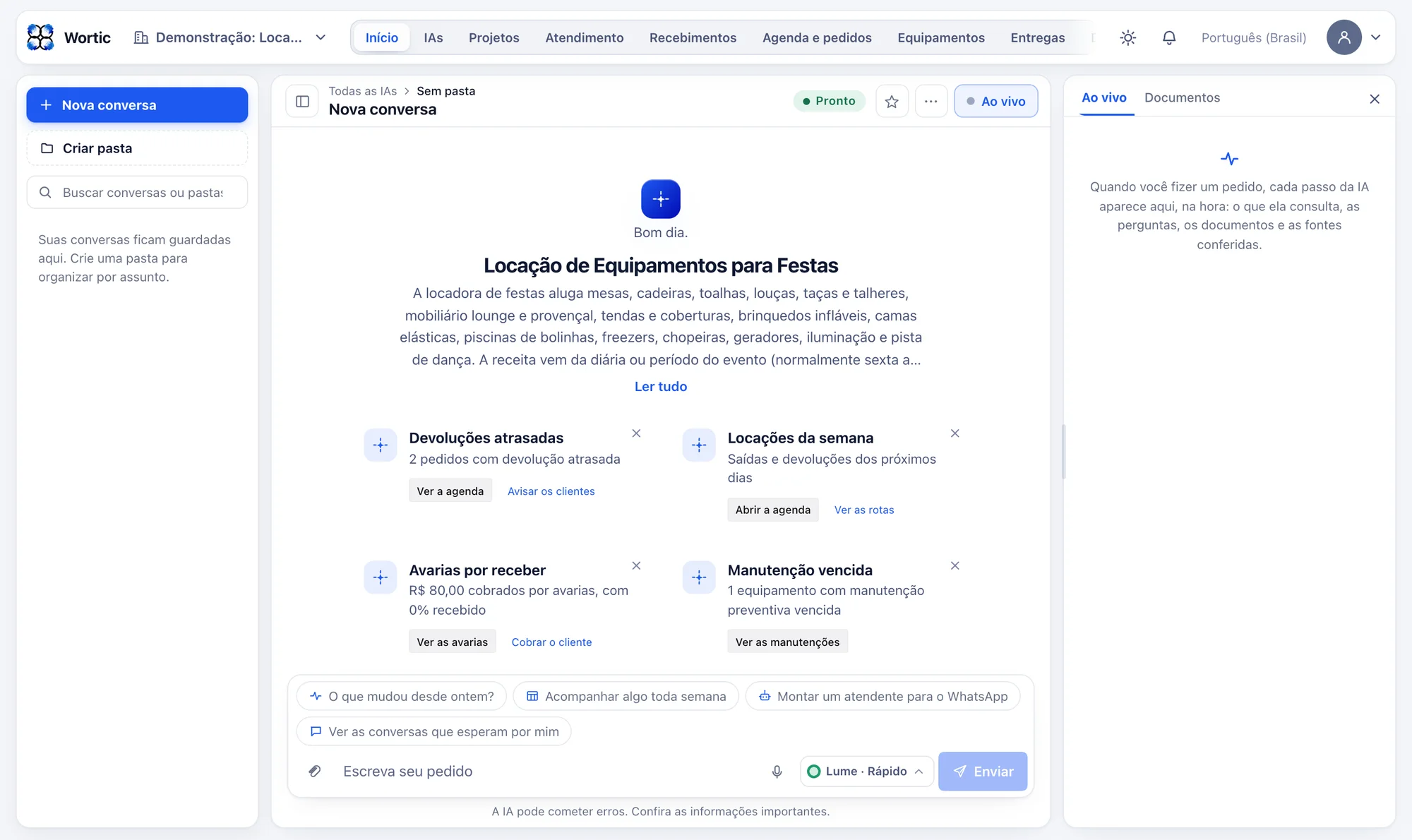 O sistema da locadora de festas aberto no computador: avisos de devoluções atrasadas, locações da semana, avarias por receber e manutenção vencida, cada um com o botão para resolver.