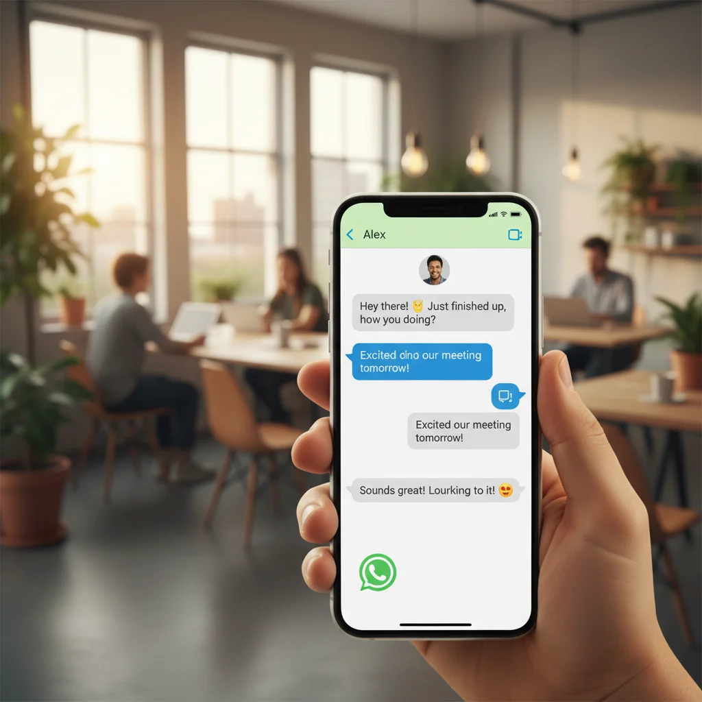 A close-up, high-quality photograph of a smartphone screen displaying a friendly, natural WhatsApp conversation, soft bokeh background of a modern creative office, warm and welcoming lighting, professional aesthetic, no generic robot icons, subtle brandin