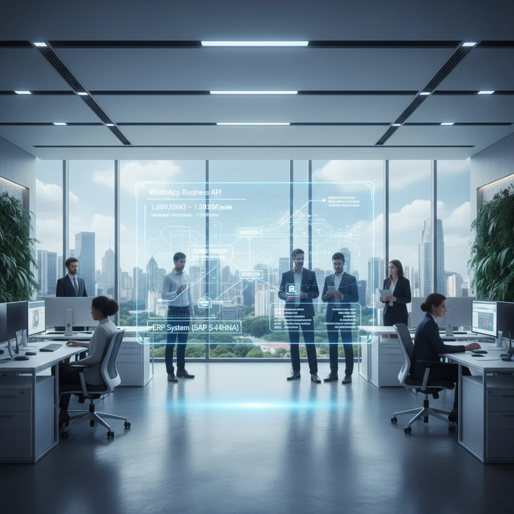 A high-tech, clean office environment in Brazil, featuring a digital interface floating in the air showing data integration between WhatsApp and an ERP system, professional and modern atmosphere, soft blue and white lighting, depth of field, 16:9, photore