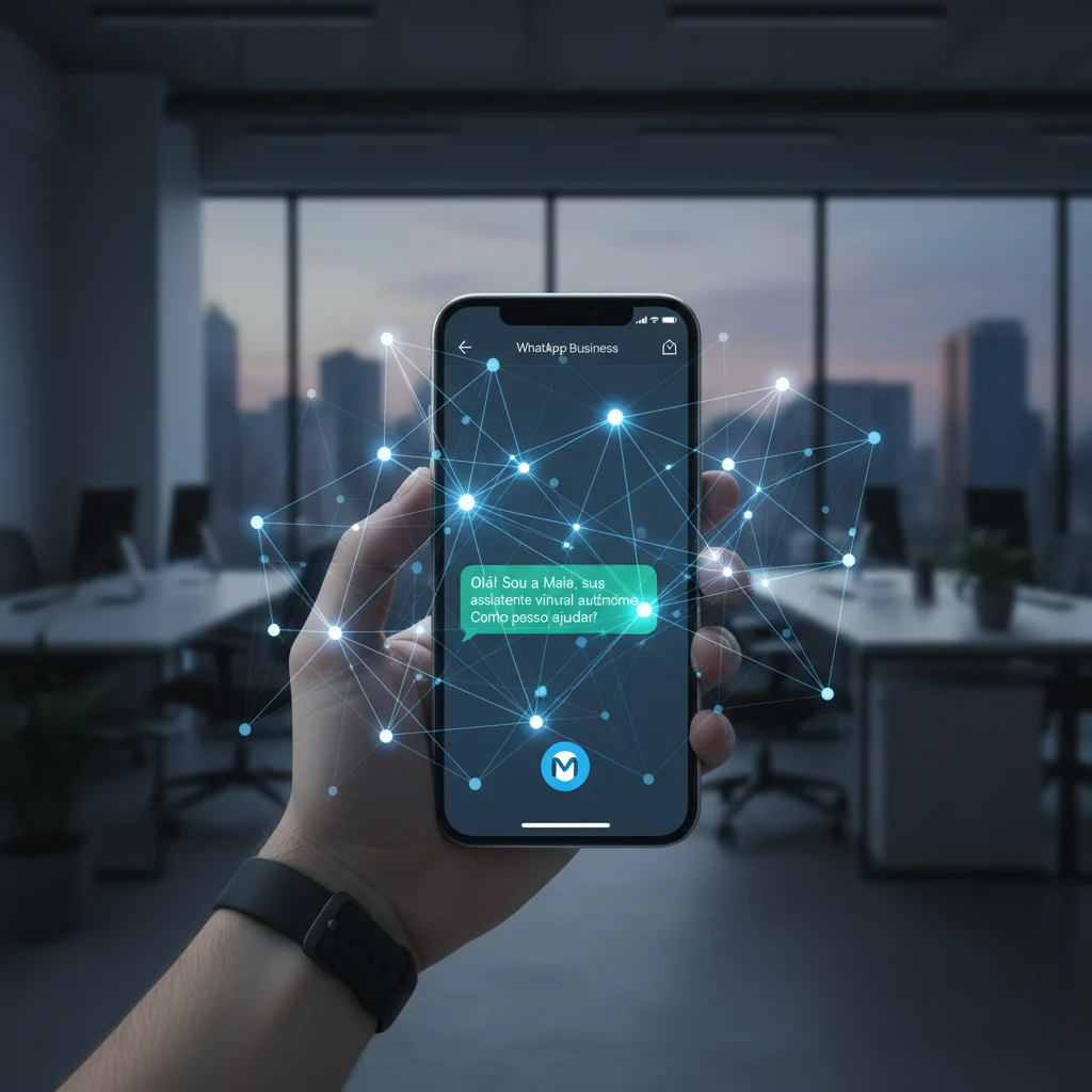 A professional and high-tech image representing autonomous AI in a modern Brazilian startup environment. A digital, glowing neural network interface overlaying a smartphone screen showing a WhatsApp business chat, with a clean office background in the sof