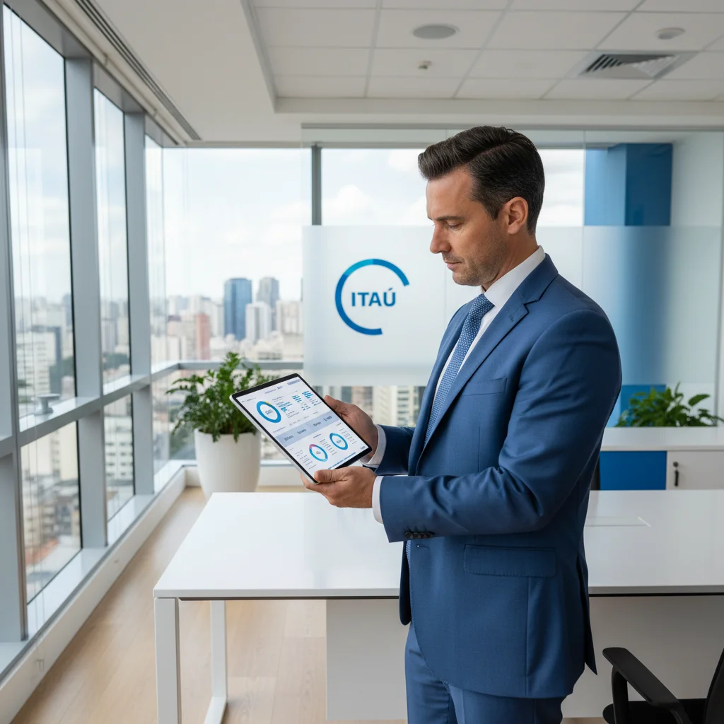Professional office setting in a Brazilian company, a manager looking at a tablet displaying real-time data integration, clean aesthetic, blue and white color palette, soft natural lighting, high resolution, photorealistic, 16:9 aspect ratio.