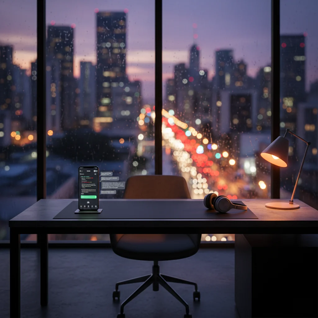 A high-tech, professional workspace in Brazil featuring a sleek, modern office setup with a blurred background of a busy city at dusk. In the foreground, a minimalist desk with a smartphone showing an active AI chat interface, symbolizing automation. Warm