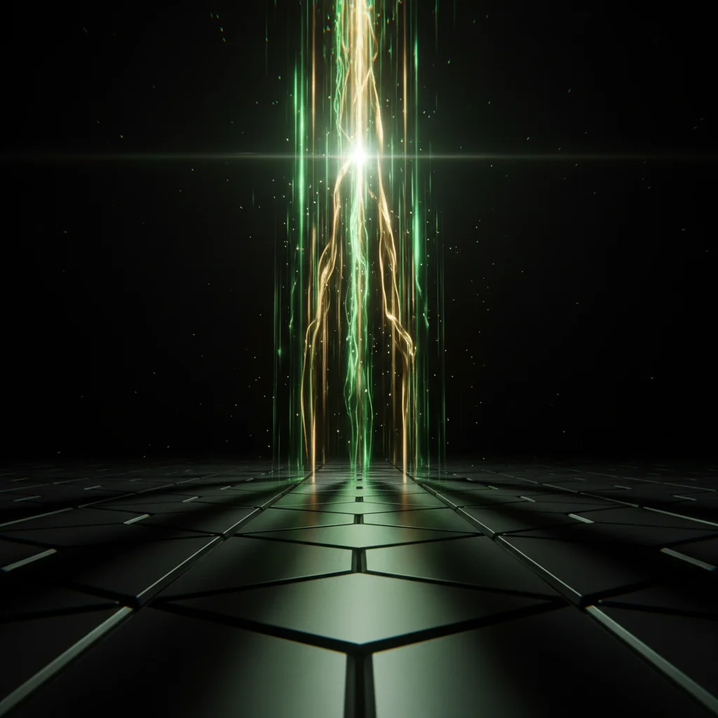 Fotografia profissional de um empresário brasileiro, de meia-idade, em um escritório moderno com elementos de tecnologia futurista e IA. Ele está olhando para um holograma ou tela transparente que exibe gráficos de crescimento, análises de dados e ícones 