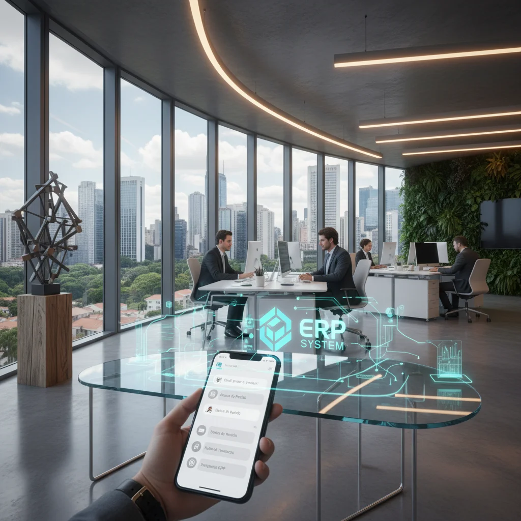 A modern, high-tech office environment in Brazil, featuring a sleek digital interface on a smartphone screen showing a clean, automated conversation flow, subtle holographic elements representing data integration with an ERP, warm professional lighting, d