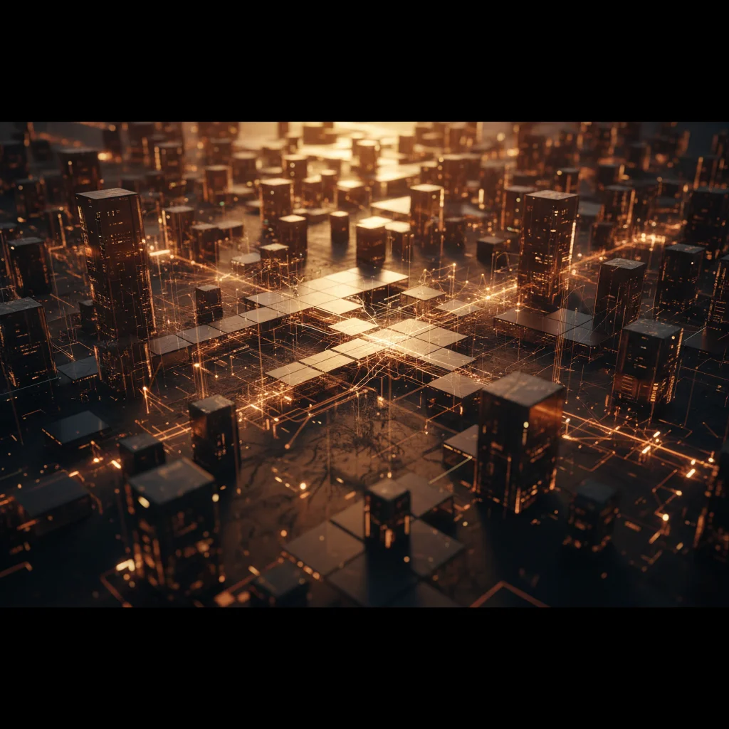 Uma imagem profissional e futurista em estilo fotográfico, 16:9. Mostra uma sala de controle empresarial moderna com telas exibindo gráficos de dados e fluxos de trabalho otimizados. No centro, uma representação etérea de um "agente de IA" como uma rede d