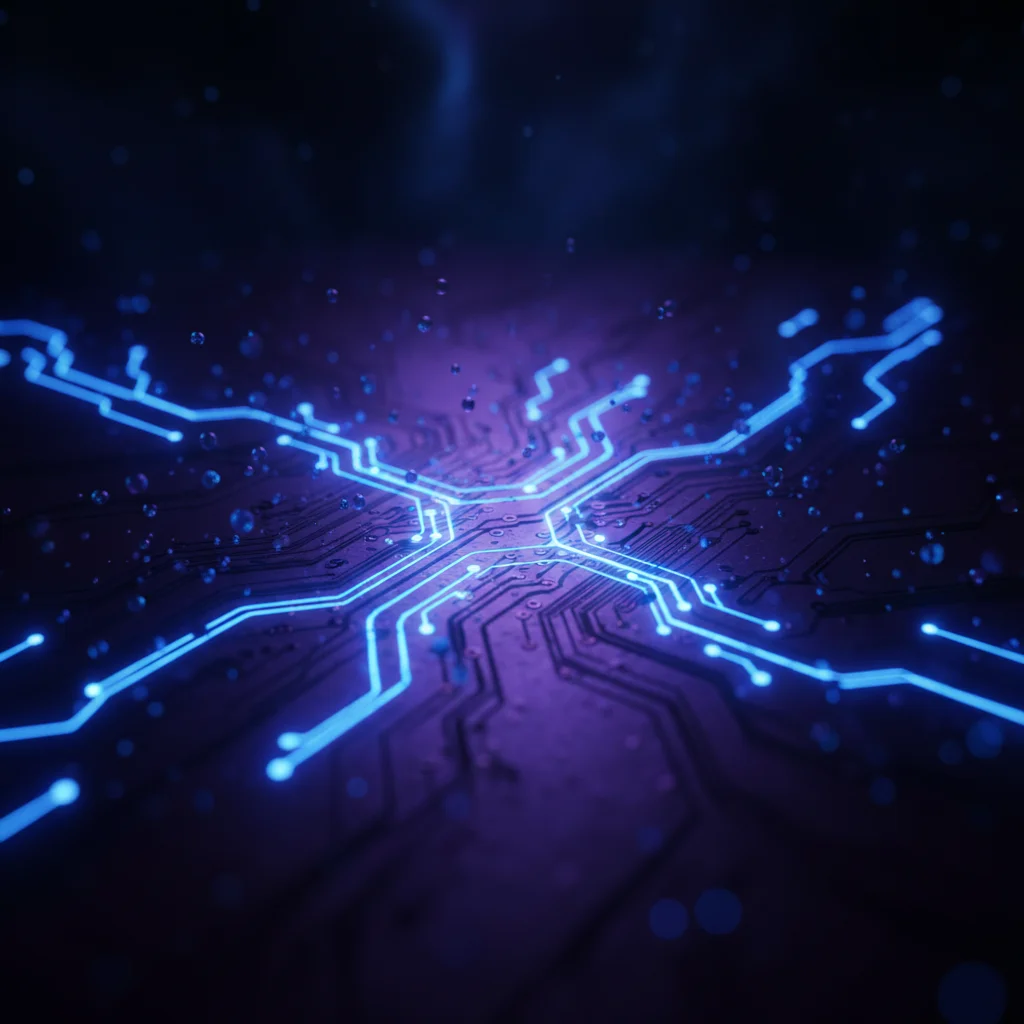 Fotografia profissional, estilo corporativo moderno, mostrando uma empresária brasileira de 30-40 anos sorrindo enquanto olha para o celular, onde a tela exibe uma interface de chatbot no WhatsApp. Ao fundo, um escritório contemporâneo com elementos de te