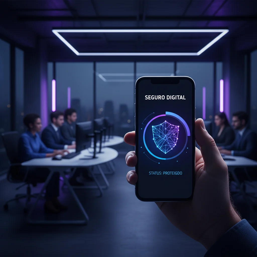 A high-quality, professional photograph of a modern Brazilian technology office, focus on a digital security interface on a smartphone screen, subtle background of a team working, cinematic lighting, blue and deep purple tones conveying security and trust