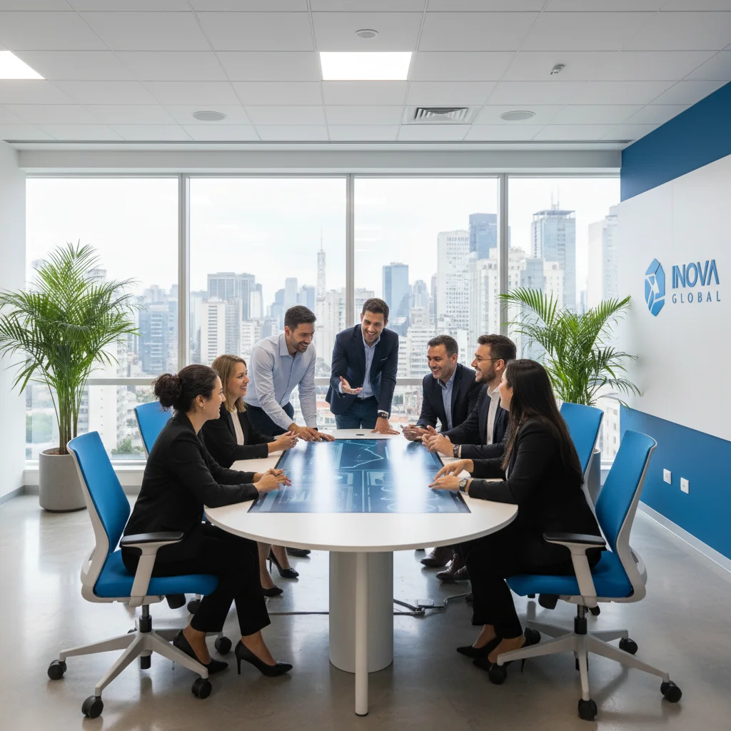 Professional photograph of a modern Brazilian office with diverse team collaborating around a digital dashboard, natural lighting, 16:9 aspect ratio, corporate yet approachable atmosphere, Sao Paulo skyline visible through windows, primary colors blue and