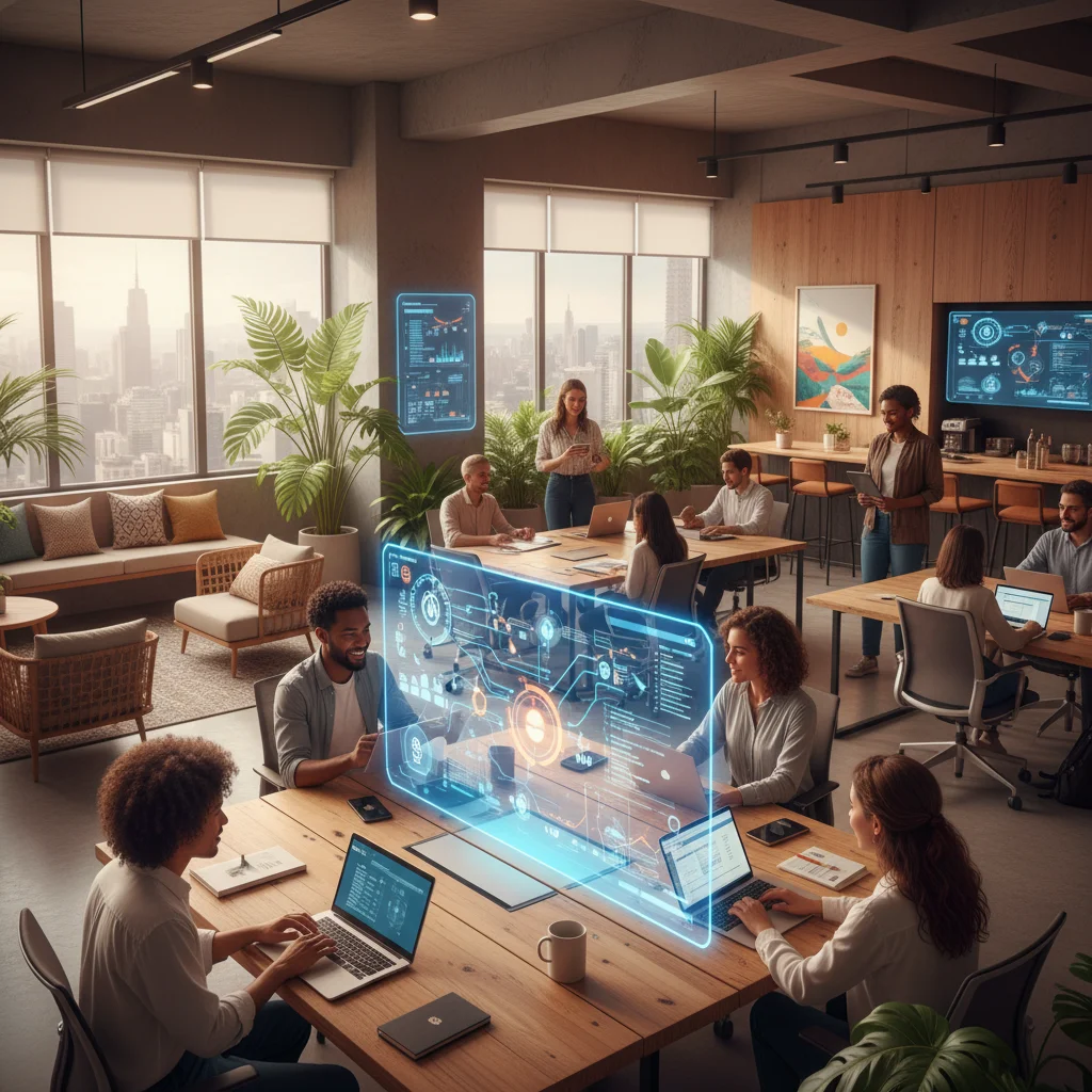 Professional office setting in a Brazilian company, high-tech but human-centric, a diverse team working on tablets and laptops, a floating holographic interface representing automated data flow in the background, soft natural lighting, warm atmosphere, 16