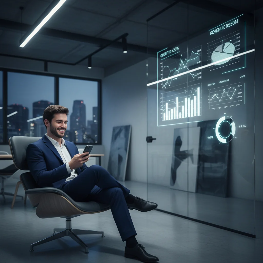 Professional office setting in a modern Brazilian startup, blurred background with a sleek glass dashboard showing real-time metrics, a young entrepreneur looking at a smartphone with a satisfied expression, cinematic lighting, high-tech but minimalist ae