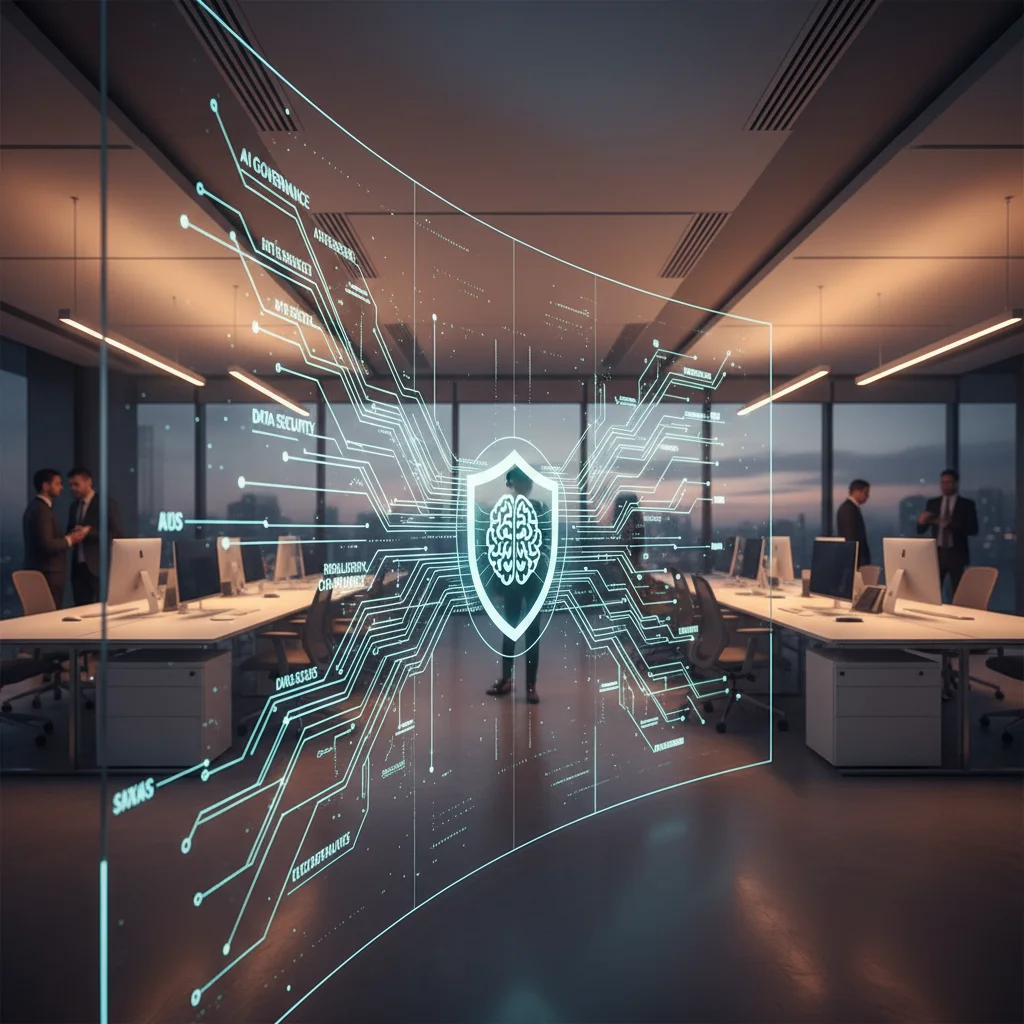 A professional, high-tech office environment in Brazil with a digital dashboard showing data flow visualization on a large screen, blurred background of a modern workspace, warm ambient lighting, 16:9 aspect ratio, clean and minimalist aesthetic, corporat