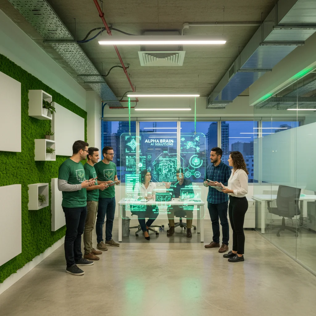 Professional photograph of a modern Brazilian startup office with a diverse team brainstorming around a digital interface displaying AI solutions, vibrant lighting, 16:9 aspect ratio, energetic yet realistic atmosphere, technology hub vibe, primary colors