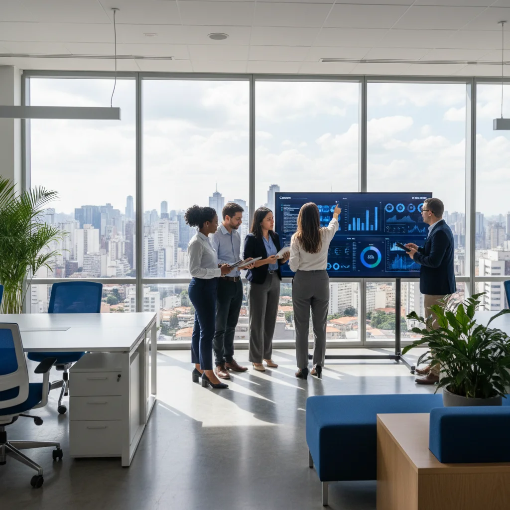 Professional photograph of a modern Brazilian office with diverse team collaborating around a digital dashboard, natural lighting, 16:9 aspect ratio, corporate yet approachable atmosphere, Sao Paulo skyline visible through windows, primary colors blue and