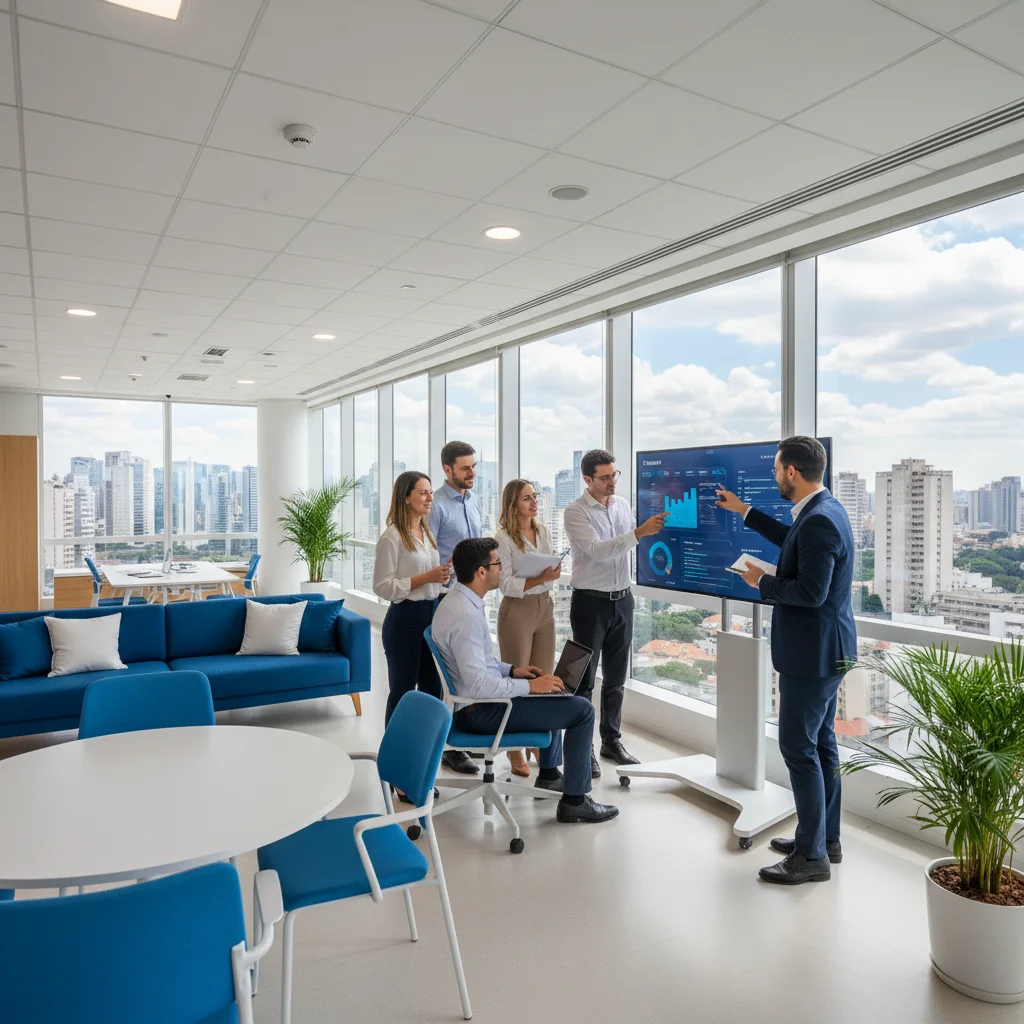 Professional photograph of a modern Brazilian office with diverse team collaborating around a digital dashboard, natural lighting, 16:9 aspect ratio, corporate yet approachable atmosphere, Sao Paulo skyline visible through windows, primary colors blue and