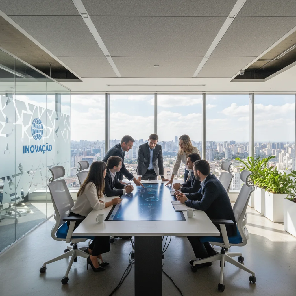 Professional photograph of a modern Brazilian office with diverse team collaborating around a digital dashboard, natural lighting, 16:9 aspect ratio, corporate yet approachable atmosphere, Sao Paulo skyline visible through windows, primary colors blue and